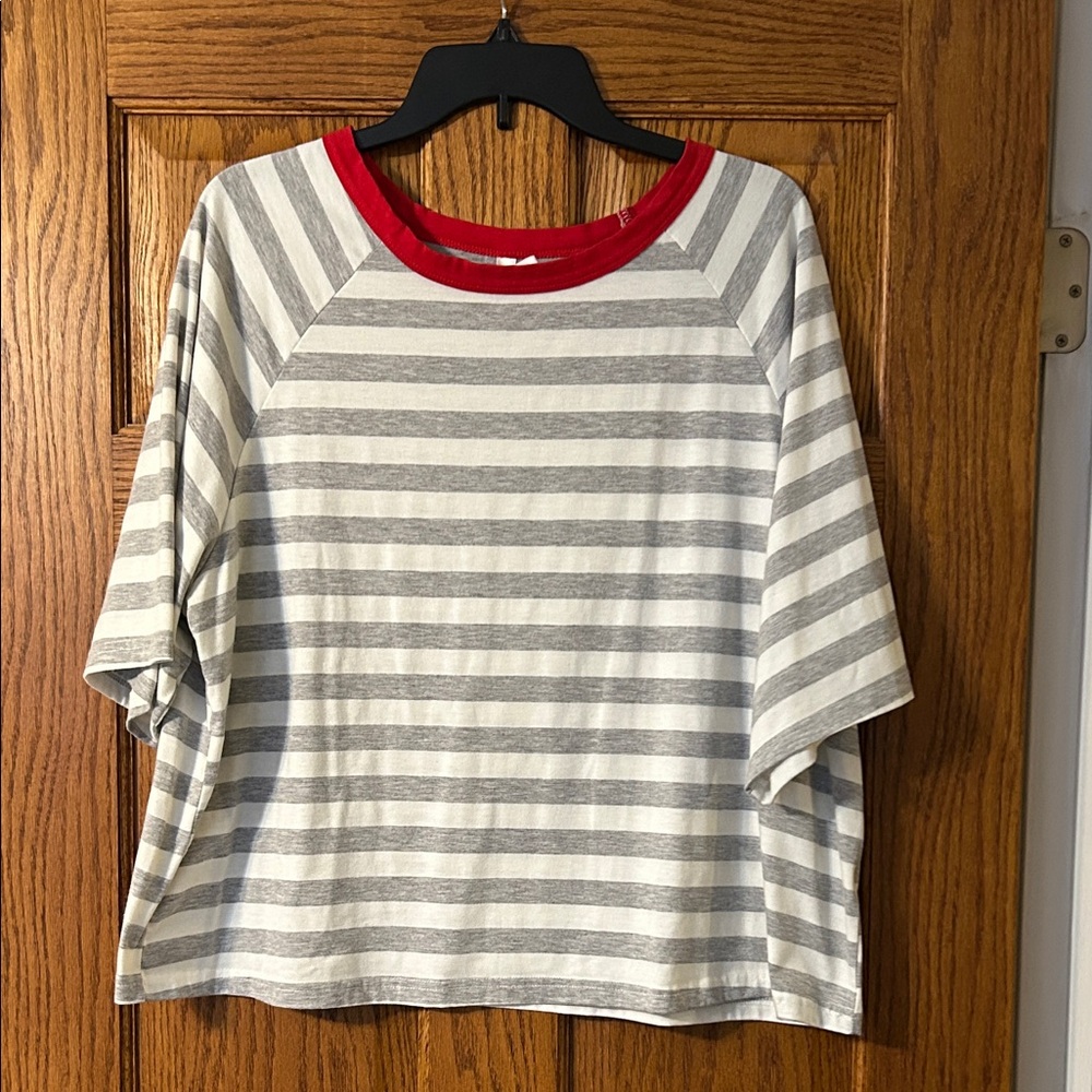 Striped Grey, White  and Red Top